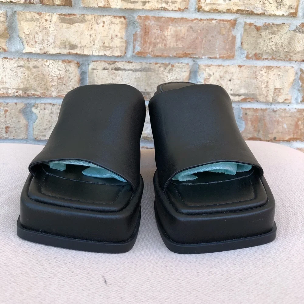 Zara Black Leather Chunky Heel Squared Toe Versatile Slip On Platform Shoes‎ 42